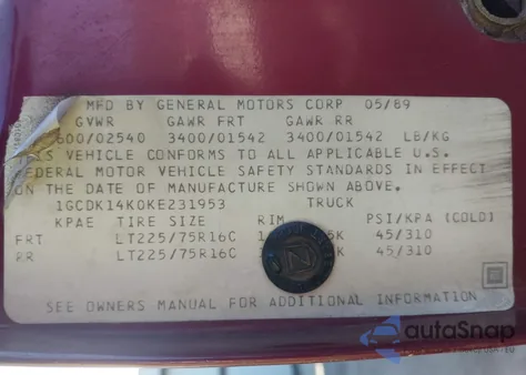 1989 Chevrolet Gmt-400 K1500 z USA, uszkodzony, nr VIN 1GCDK14K0KE231953